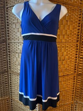 Chaps Blue Fit & Flare Dress Sleeveless V Neck Colorblock Size 12 Coastal Preppy